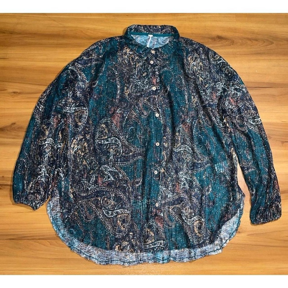 Womens Free People Paisley Sheer Button Down Oversized Pleated Boho Top Blouse